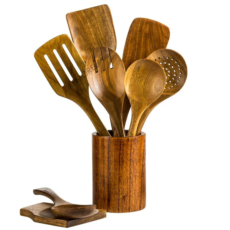 9-Piece Teak Cooking Utensil Set with Holder