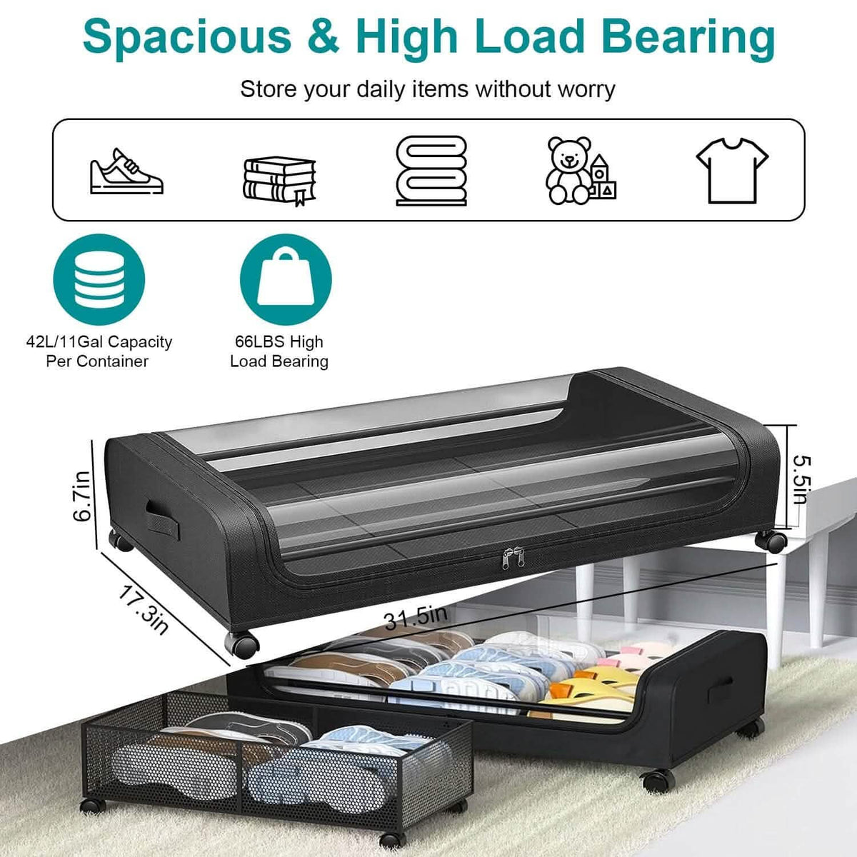Under-Bed Storage Drawer with Wheels & Clear Window