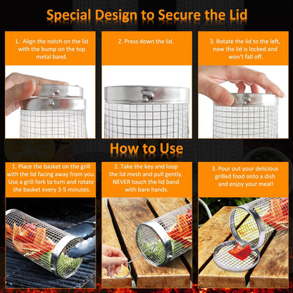 2-Piece Stainless Steel Rolling BBQ Basket Set