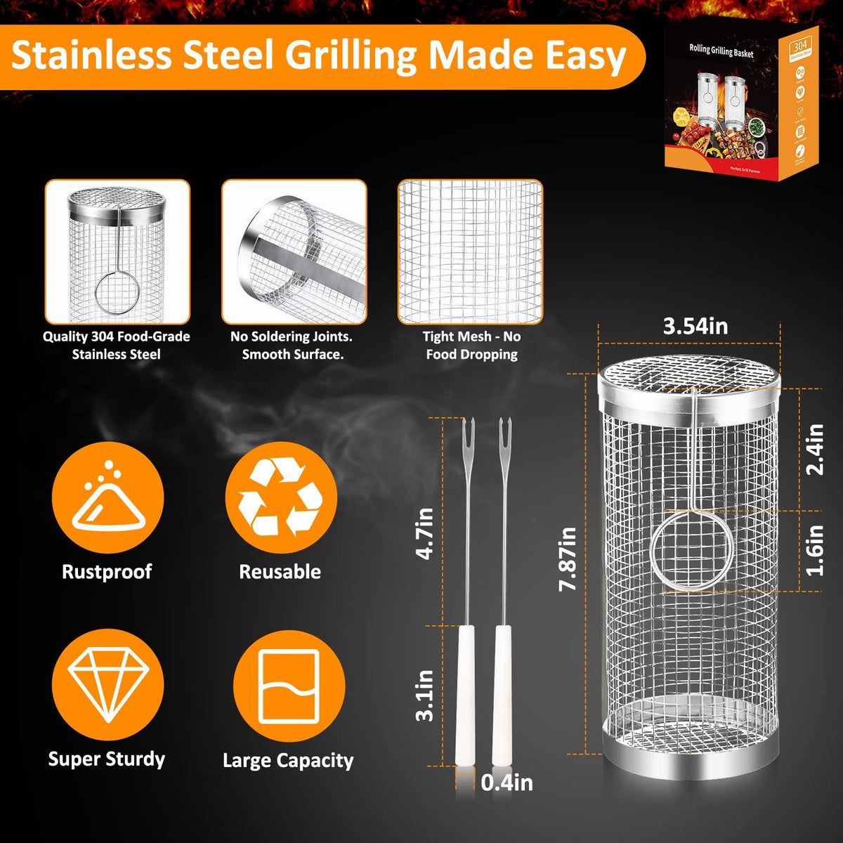 2-Piece Stainless Steel Rolling BBQ Basket Set