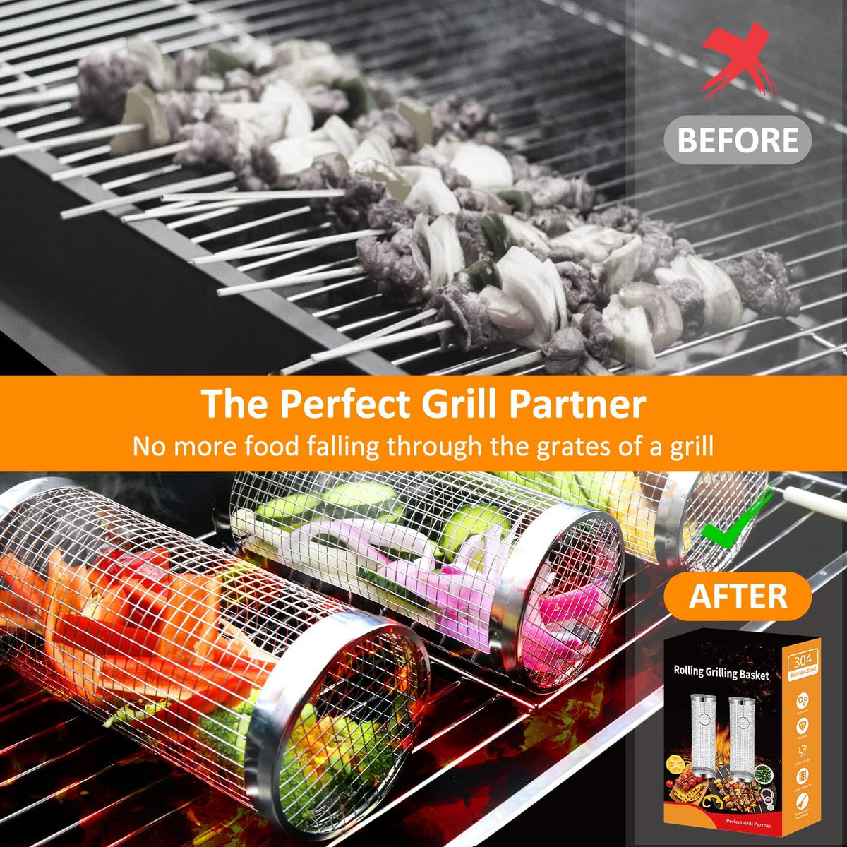 2-Piece Stainless Steel Rolling BBQ Basket Set