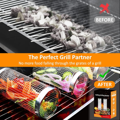 2-Piece Stainless Steel Rolling BBQ Basket Set