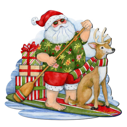 Paddleboarding Santa Wooden Door Hanger