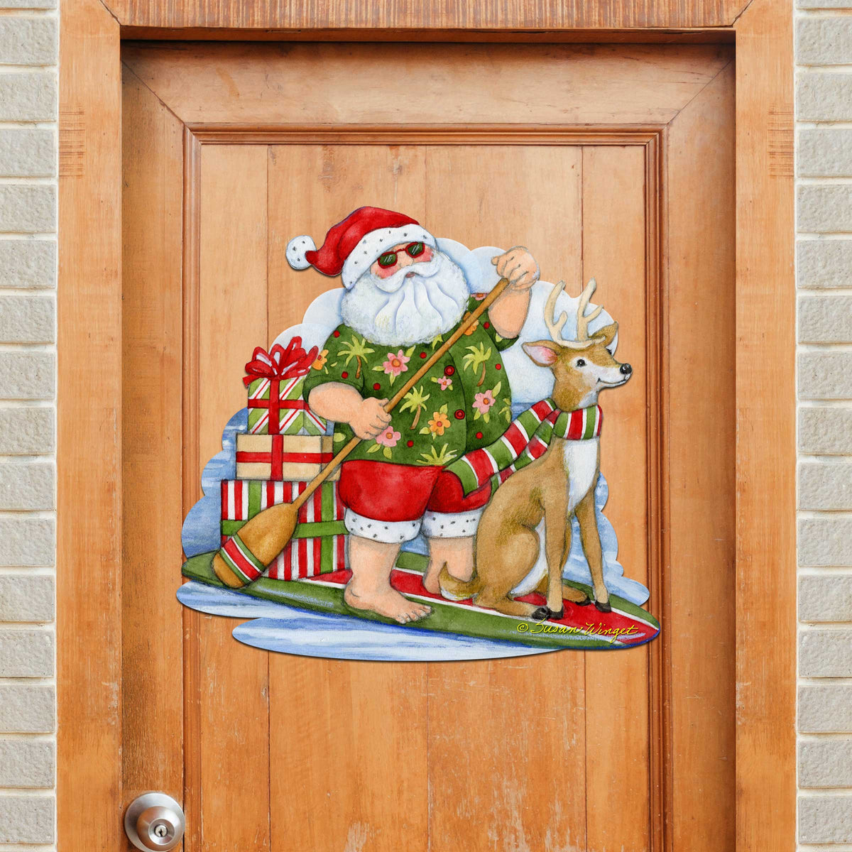 Paddleboarding Santa Wooden Door Hanger