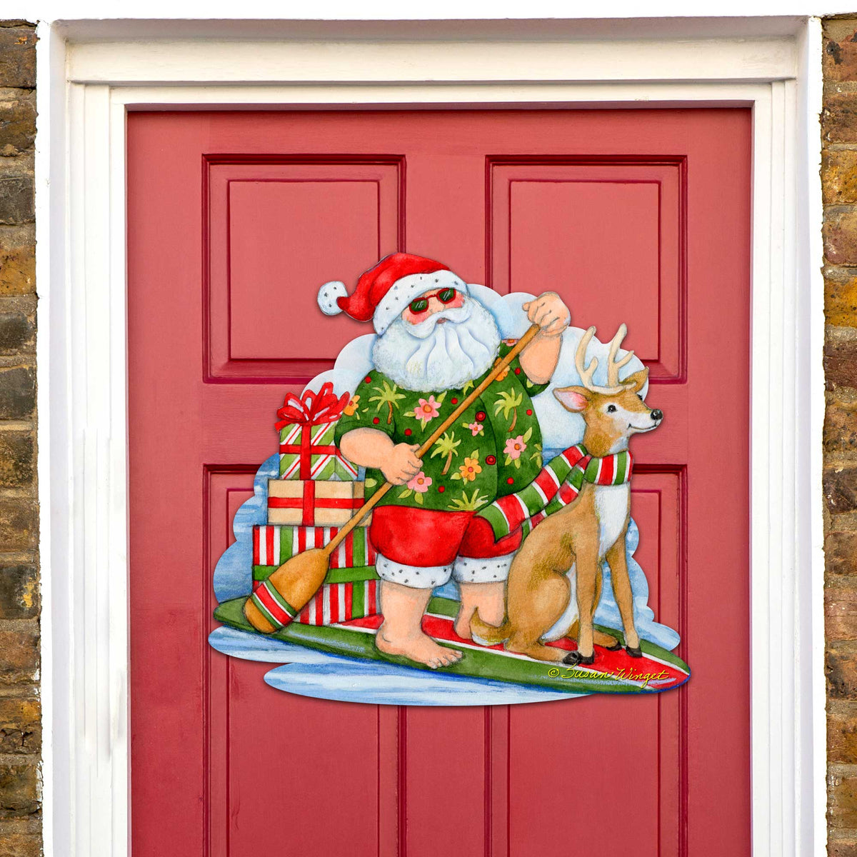 Paddleboarding Santa Wooden Door Hanger