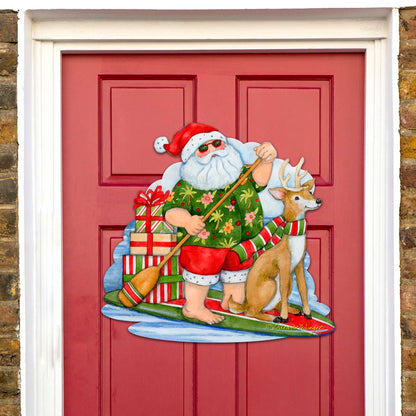 Paddleboarding Santa Wooden Door Hanger