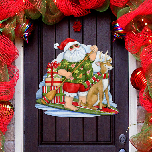 Paddleboarding Santa Wooden Door Hanger