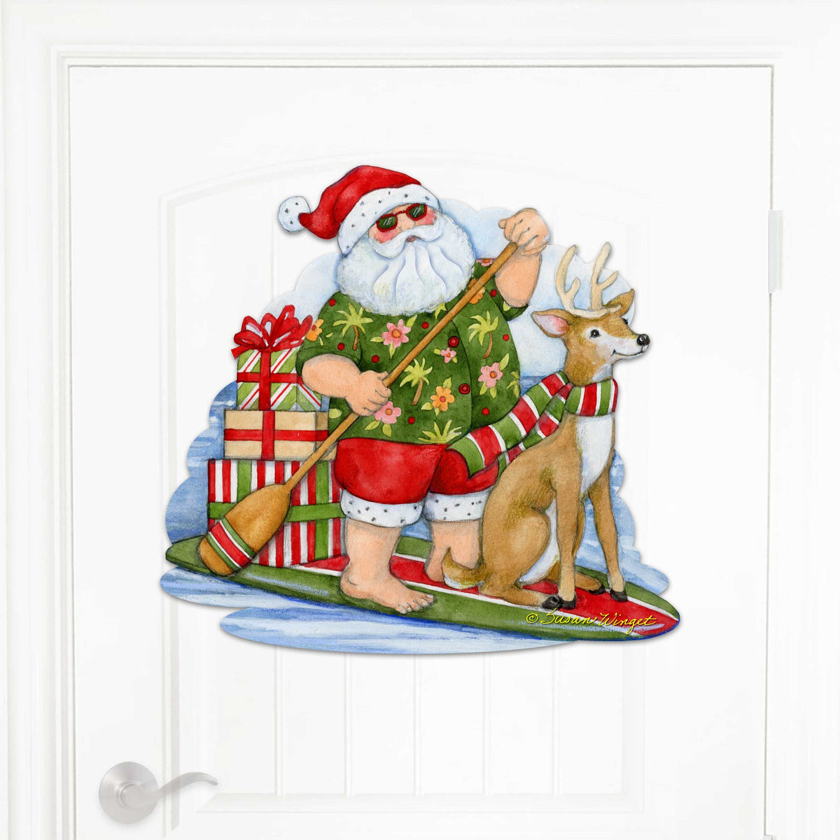 Paddleboarding Santa Wooden Door Hanger