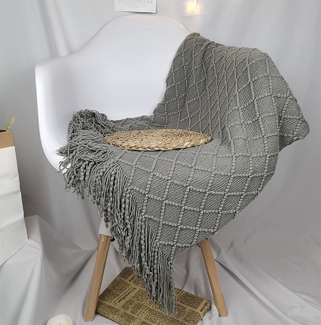 Fennco Diamond Knit Fringe Throw, 50 × 60 Inch