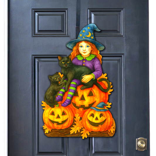 Halloween Witch with Black Cats Door Hanger