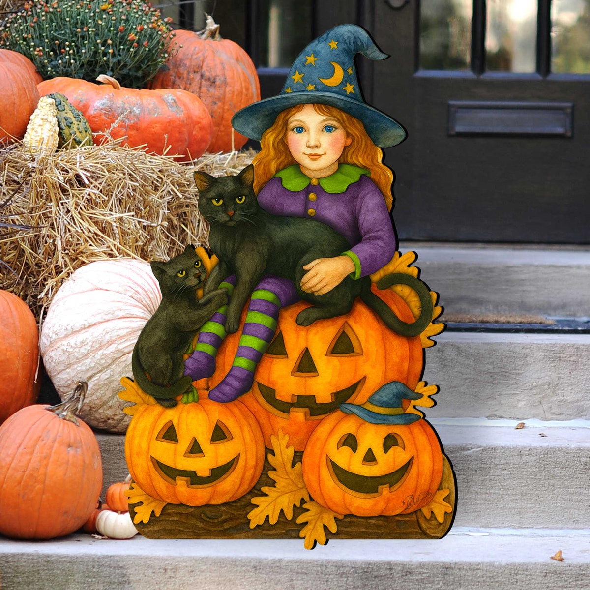 Halloween Witch with Black Cats Door Hanger