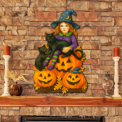 Halloween Witch with Black Cats Door Hanger