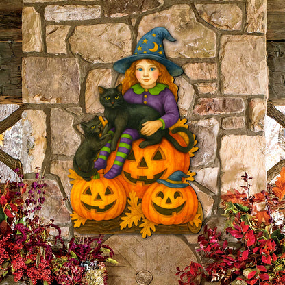Halloween Witch with Black Cats Door Hanger