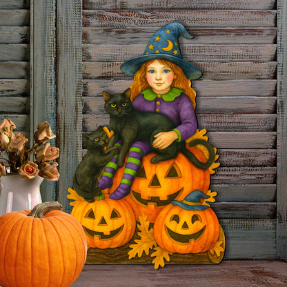 Halloween Witch with Black Cats Door Hanger
