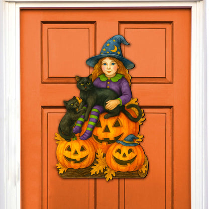 Halloween Witch with Black Cats Door Hanger