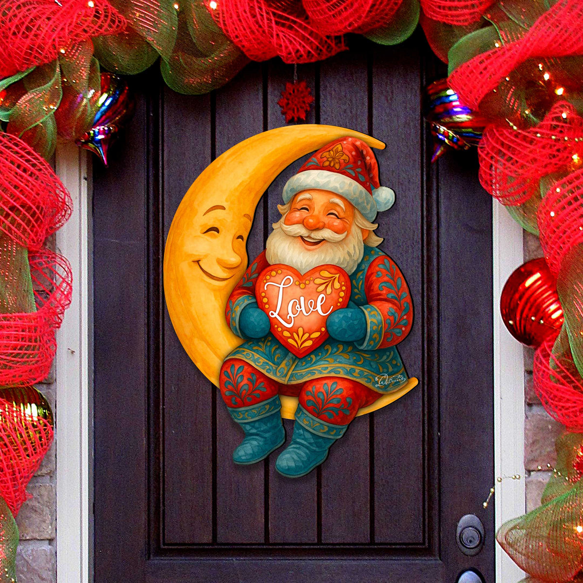 Santa on the Moon Love Christmas Door Hanger