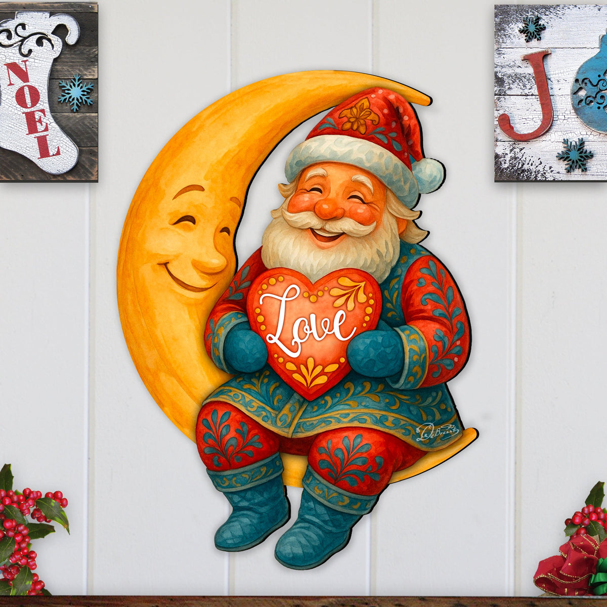 Santa on the Moon Love Christmas Door Hanger