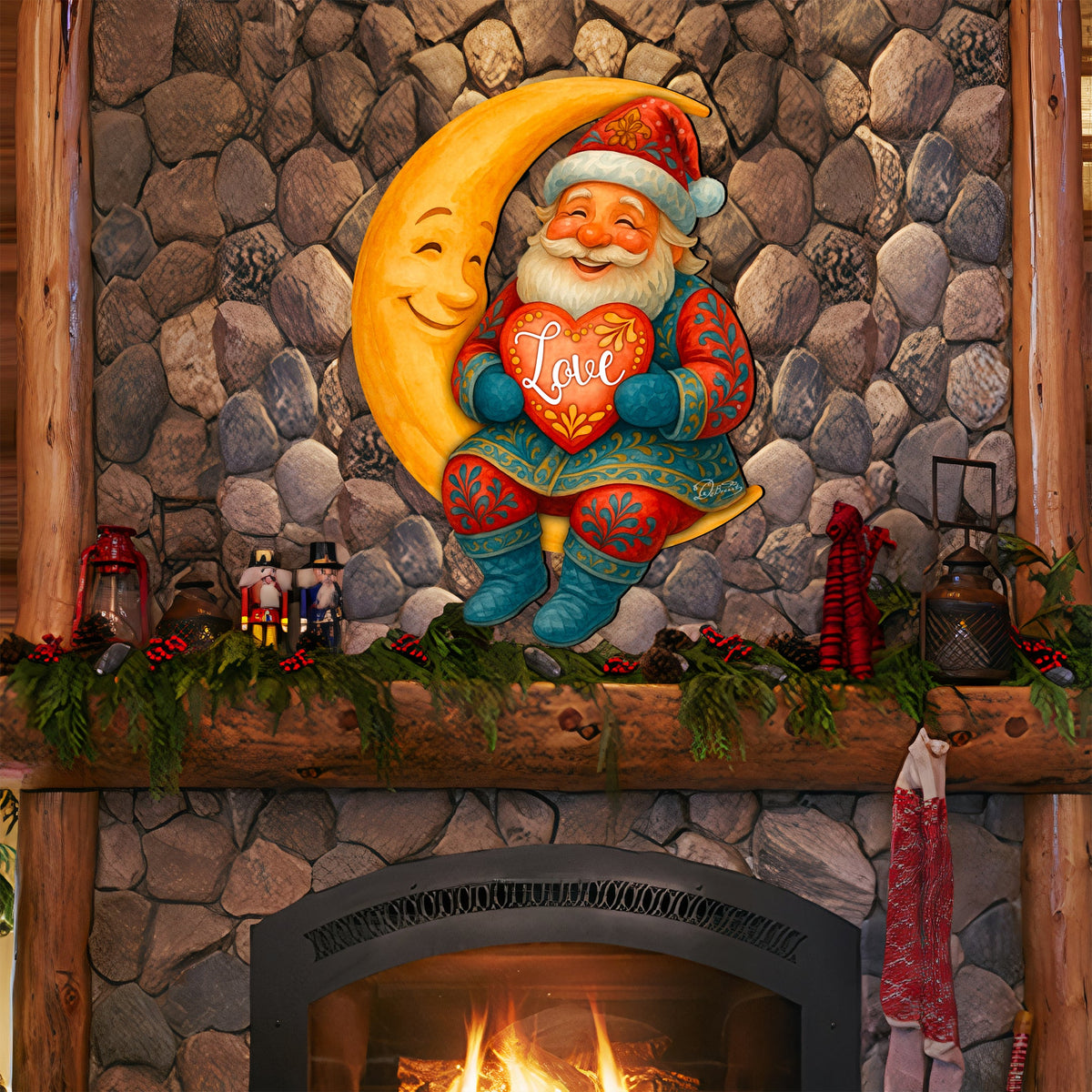 Santa on the Moon Love Christmas Door Hanger