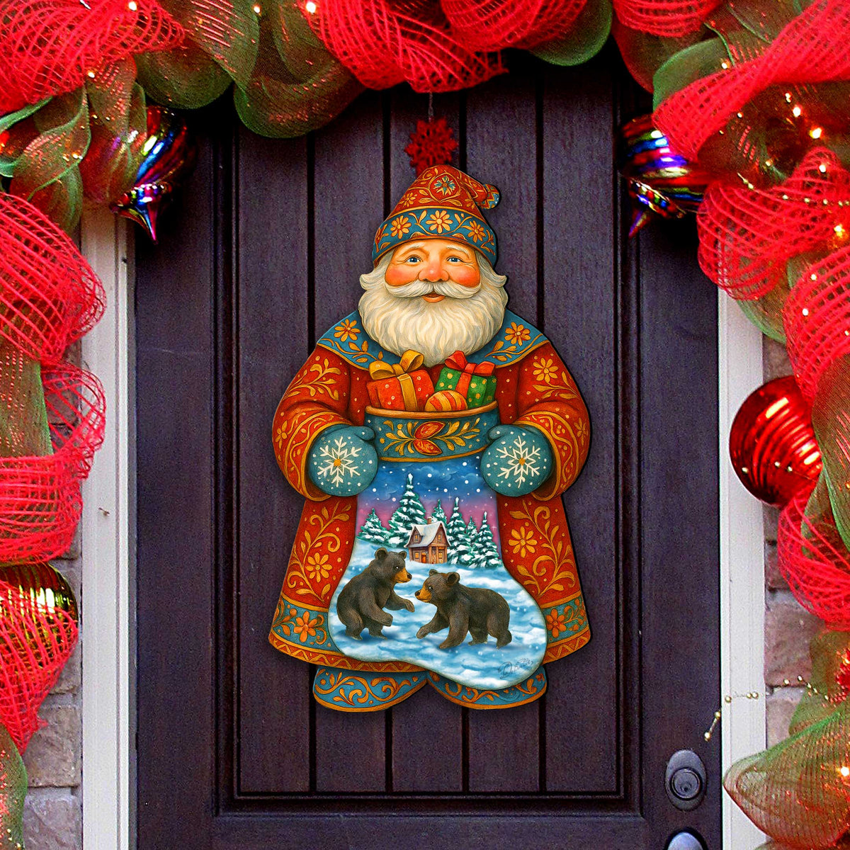 Wooden Santa Door Hanger with Gifts & Bears