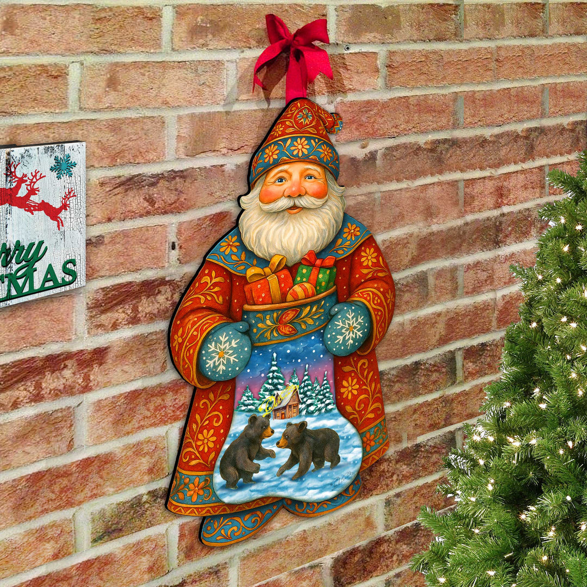 Wooden Santa Door Hanger with Gifts & Bears