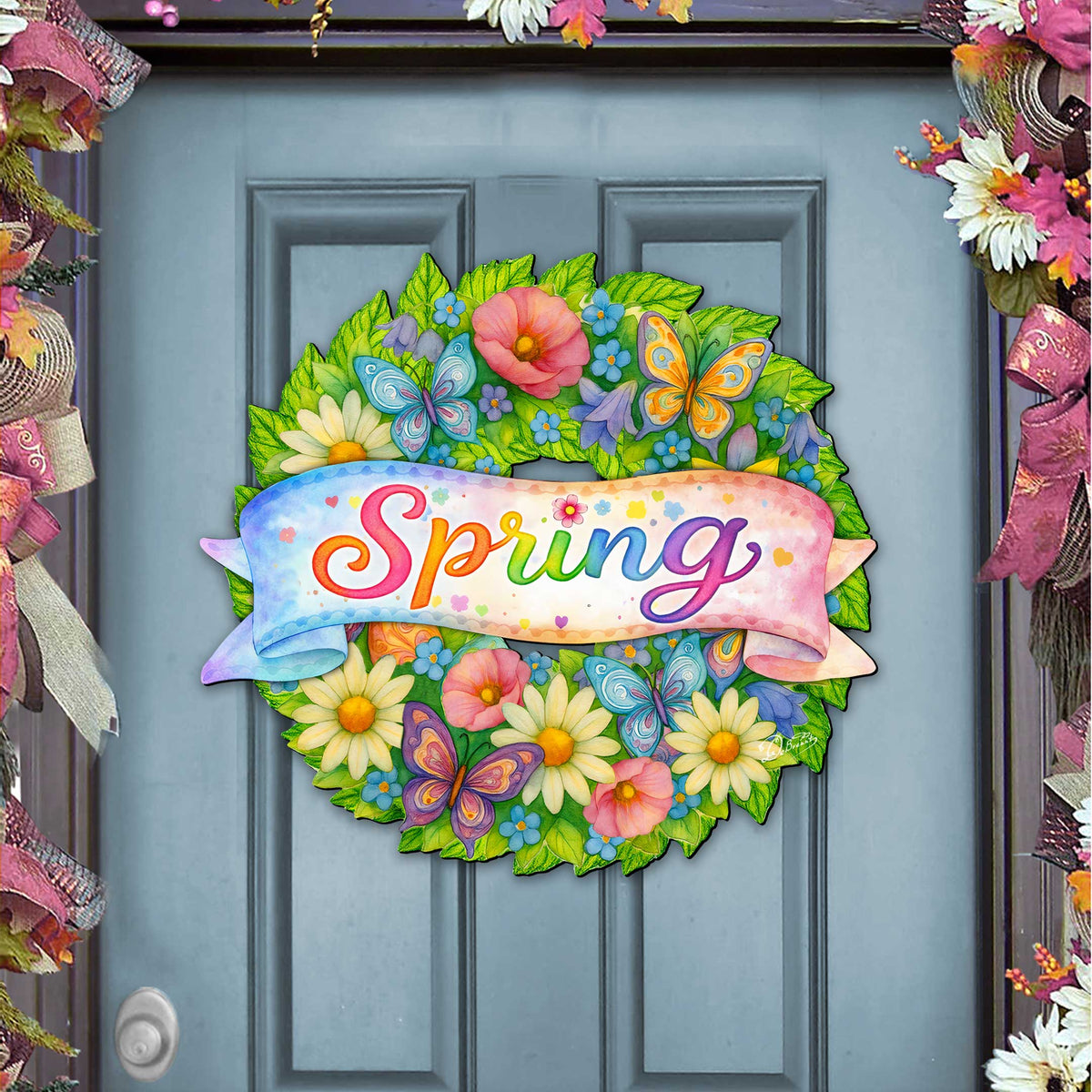 Spring Floral Wreath Door Hanger