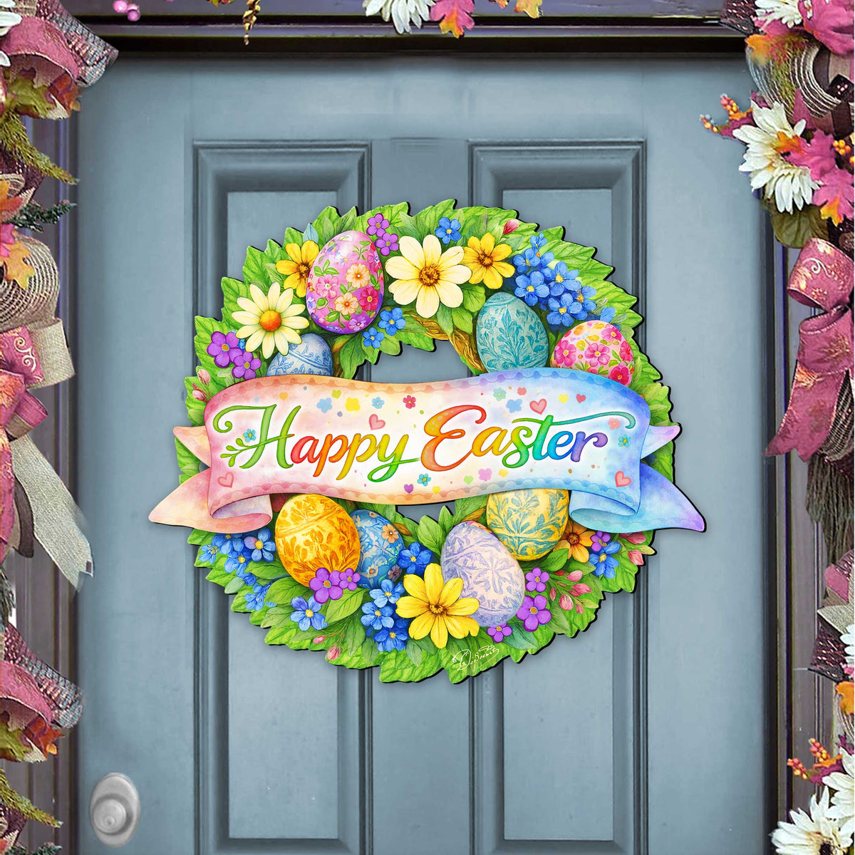 Happy Easter Floral Wreath Door Hanger