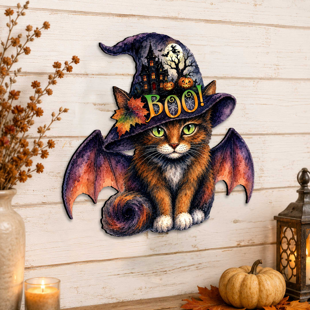 Boo Cat Halloween Wooden Door Hanger