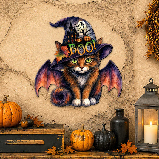 Boo Cat Halloween Wooden Door Hanger