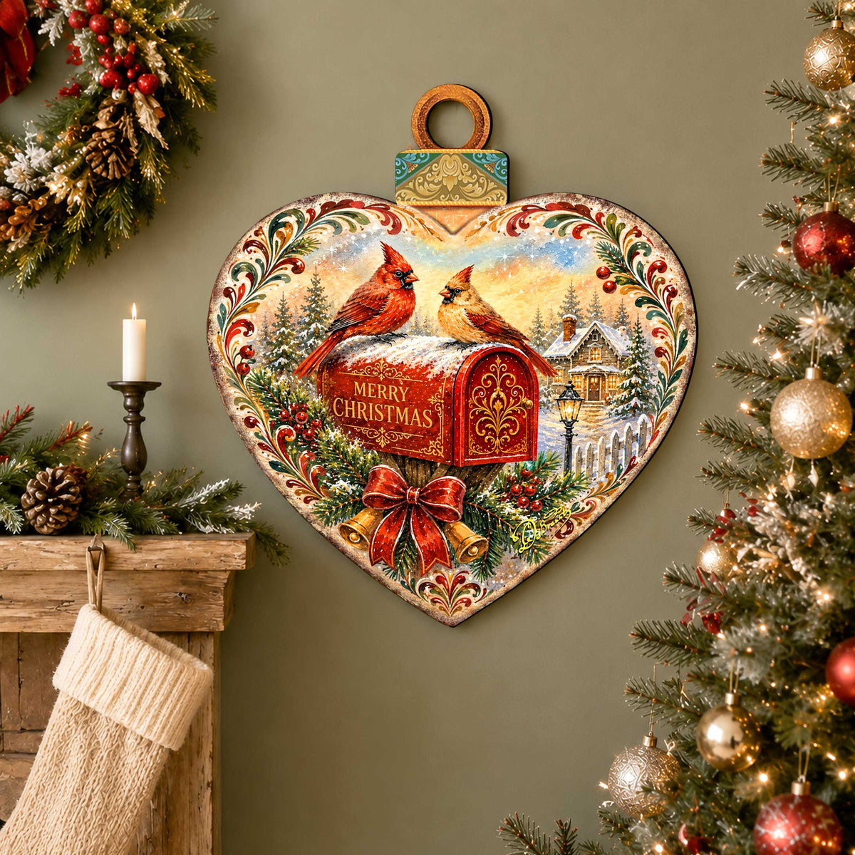 Merry Christmas Cardinals Heart Wooden Door Hanger