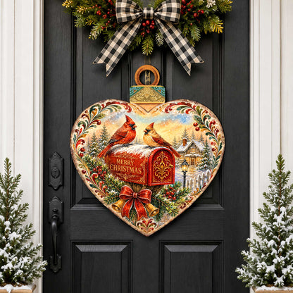 Merry Christmas Cardinals Heart Wooden Door Hanger