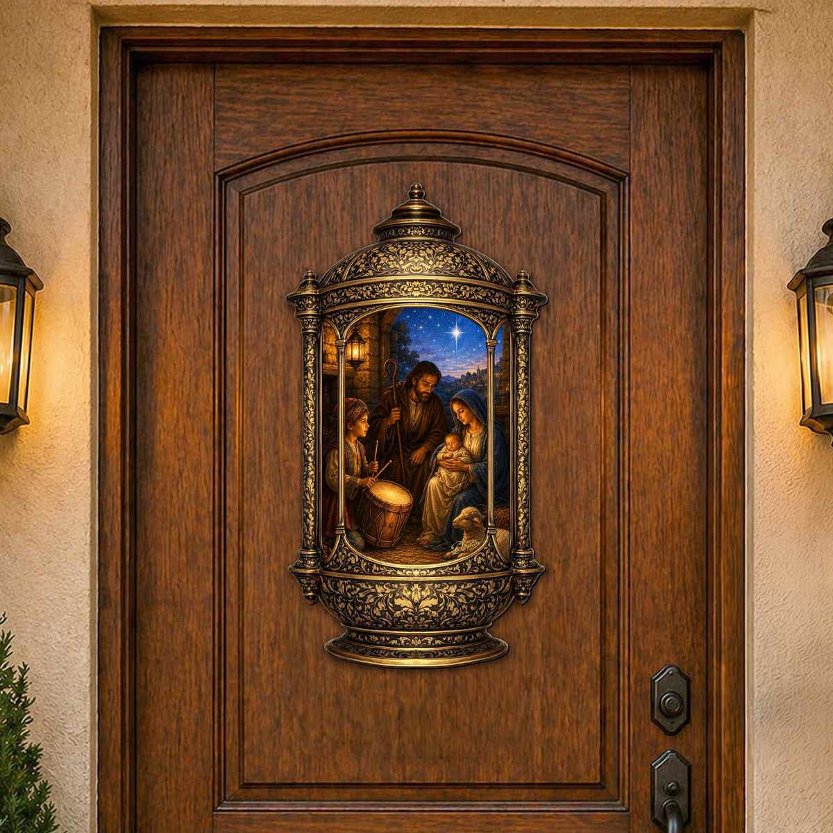 Holy Family Nativity Lantern Wooden Door Hanger