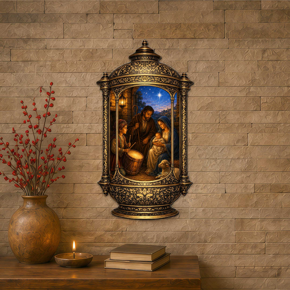 Holy Family Nativity Lantern Wooden Door Hanger
