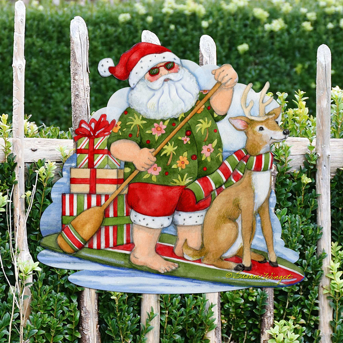 Paddleboarding Santa Wooden Door Hanger