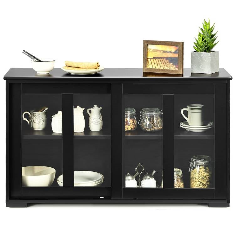 Black Wood Sideboard with Sliding Glass Door