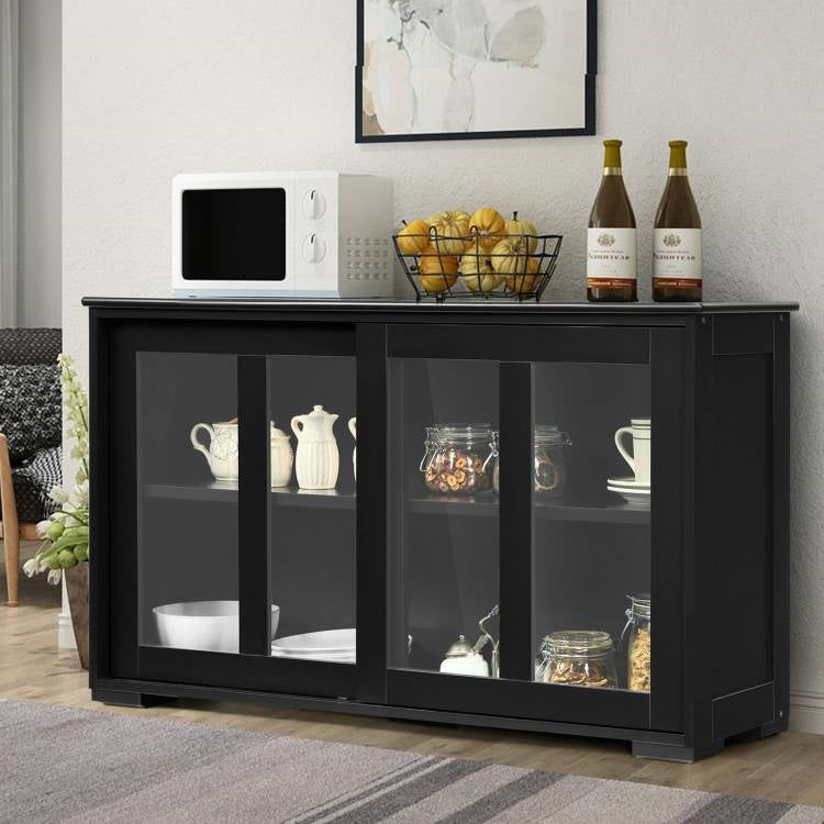 Black Wood Sideboard with Sliding Glass Door