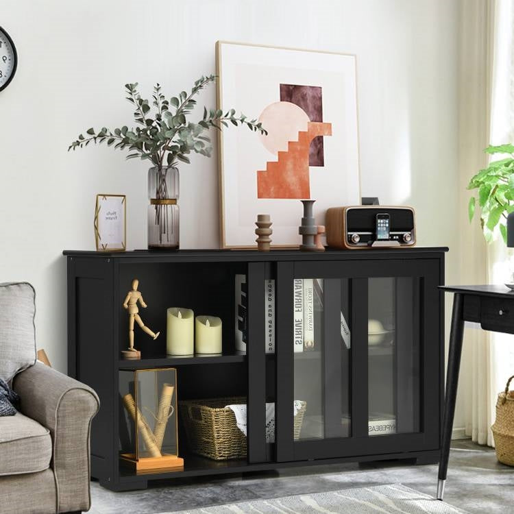 Black Wood Sideboard with Sliding Glass Door
