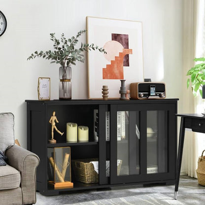 Black Wood Sideboard with Sliding Glass Door