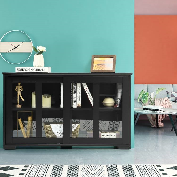 Black Wood Sideboard with Sliding Glass Door