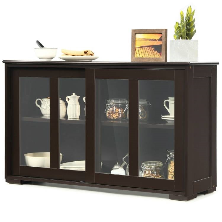 Brown Wood Sideboard with Sliding Glass Door