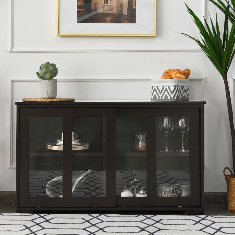 Brown Wood Sideboard with Sliding Glass Door