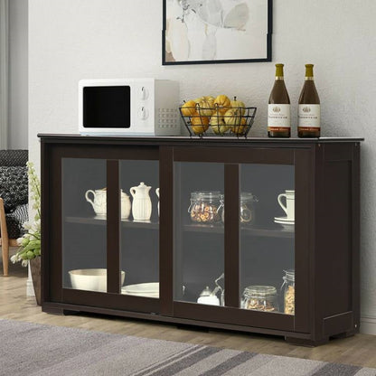 Brown Wood Sideboard with Sliding Glass Door