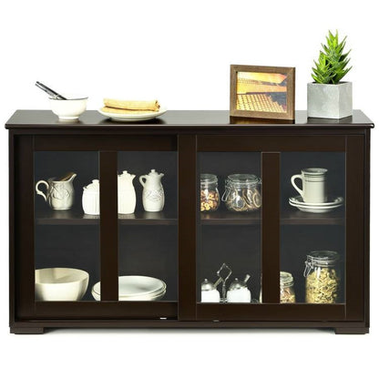 Brown Wood Sideboard with Sliding Glass Door