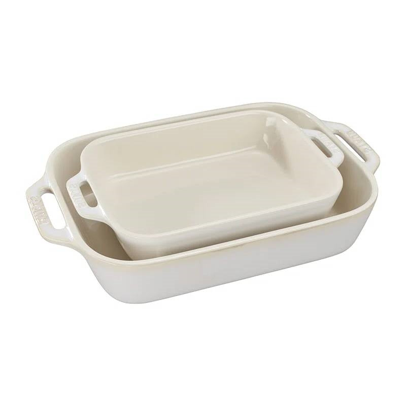 2 Piece Stoneware Baking Dish Set in Ivory Cream Beige