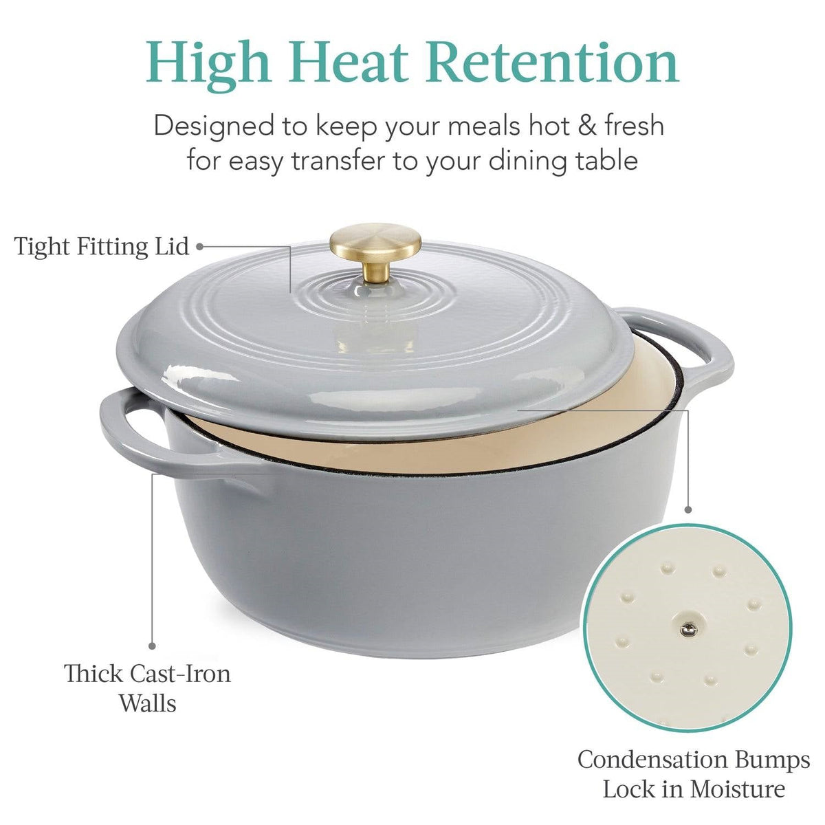 6 Quart Light Grey Enamel Cast-Iron Dutch Oven