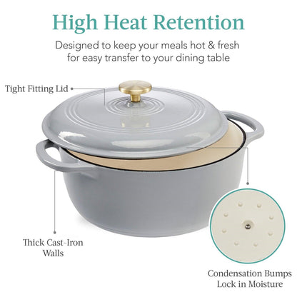 6 Quart Light Grey Enamel Cast-Iron Dutch Oven