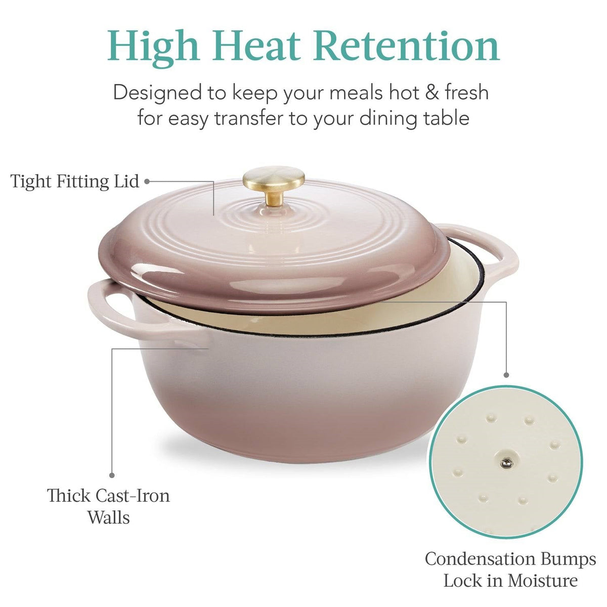 6 Quart Pink Beige Off-White Enamel Cast-Iron Dutch Oven