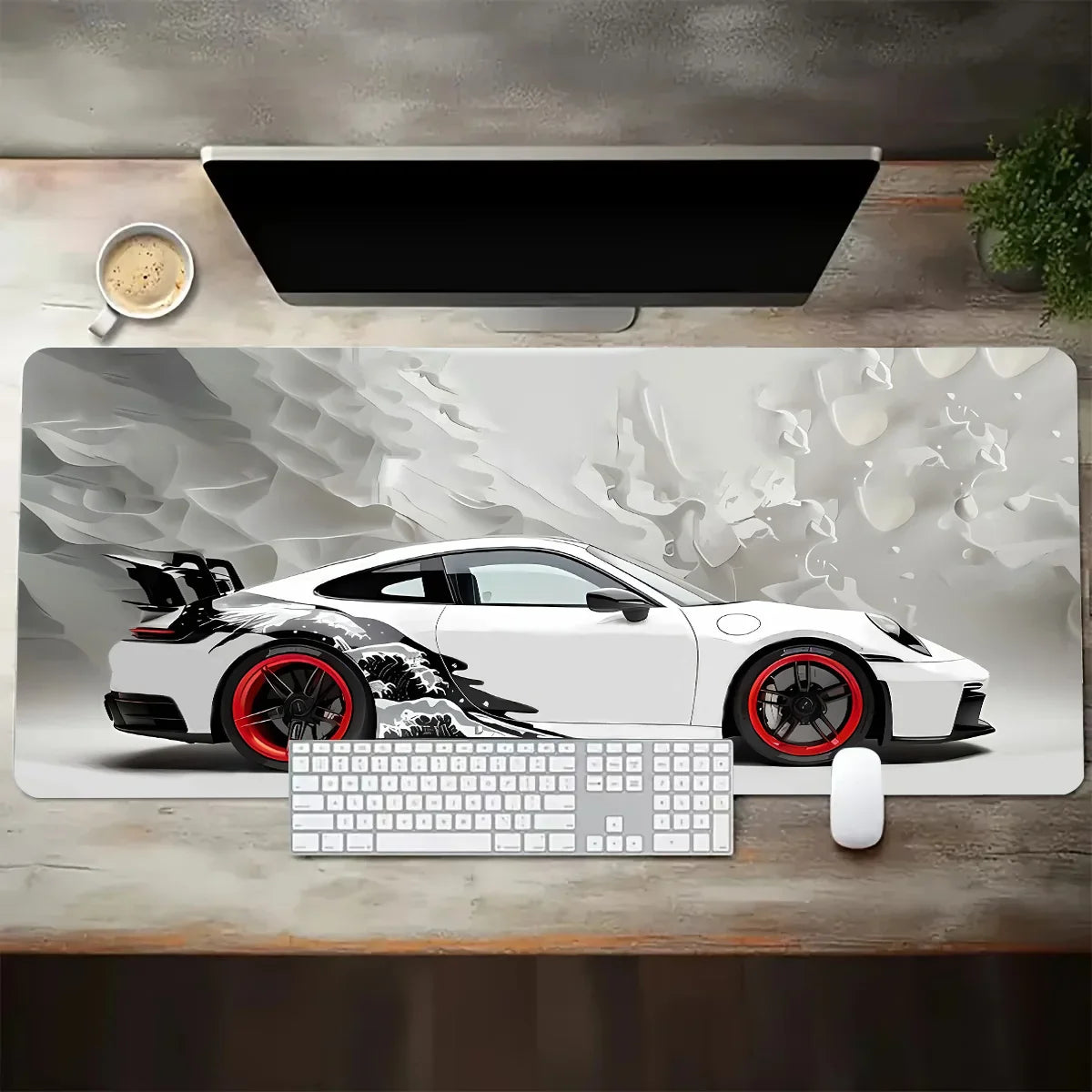 White Sports Car Gaming Desk Mat