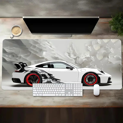 White Sports Car Gaming Desk Mat