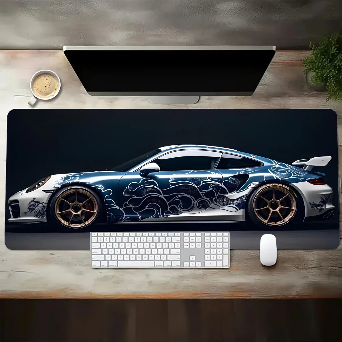 White Sports Car Gaming Desk Mat