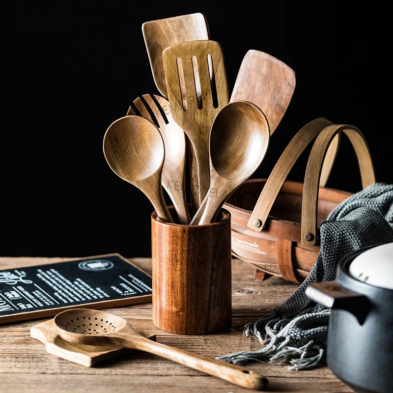 9-Piece Teak Cooking Utensil Set with Holder